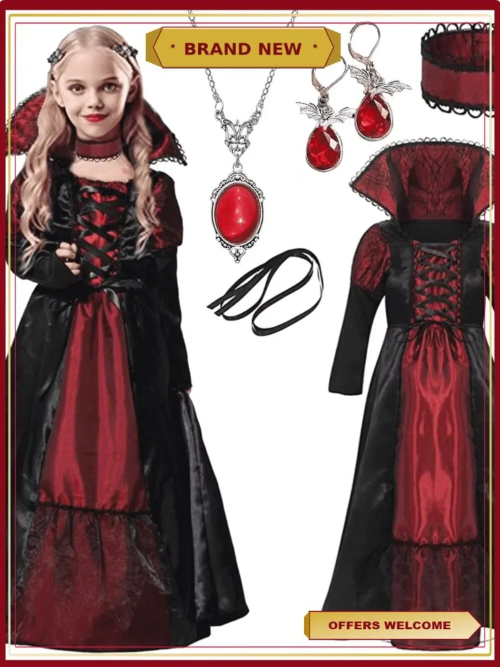 Vampire Costume Halloween Cosplay Ruby Necklace Earrings Polyester